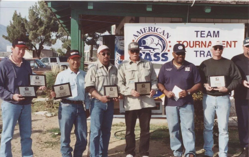 Fishing team posing with awards at Lake Isabella tournament
